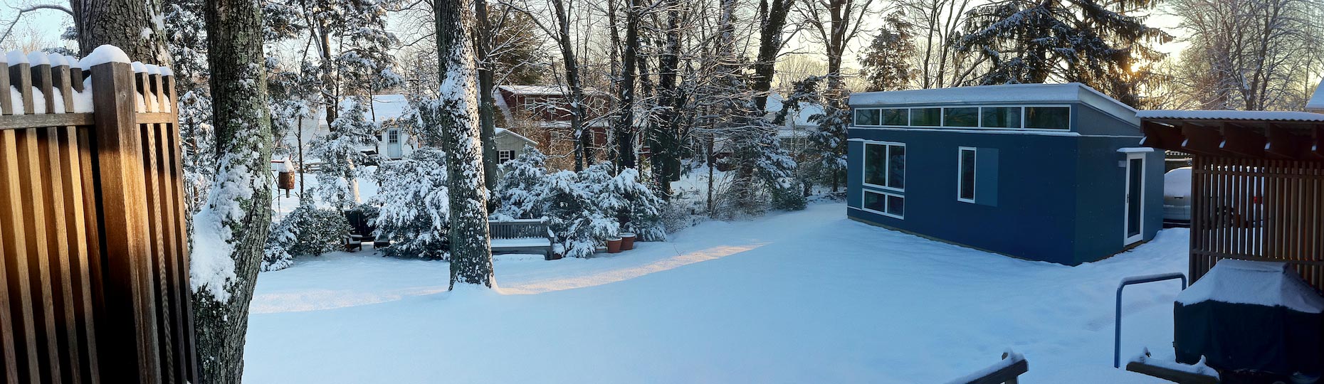 Backyard panorama with fresh snow. Click to enlarge.