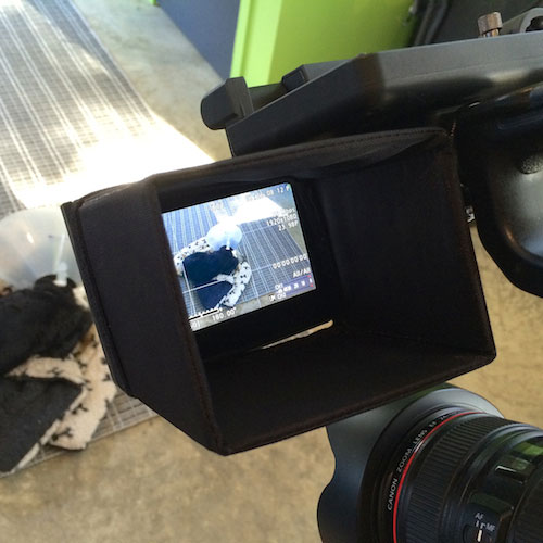 Hoodman HD Hood for the Canon C300 with the display in the down position.