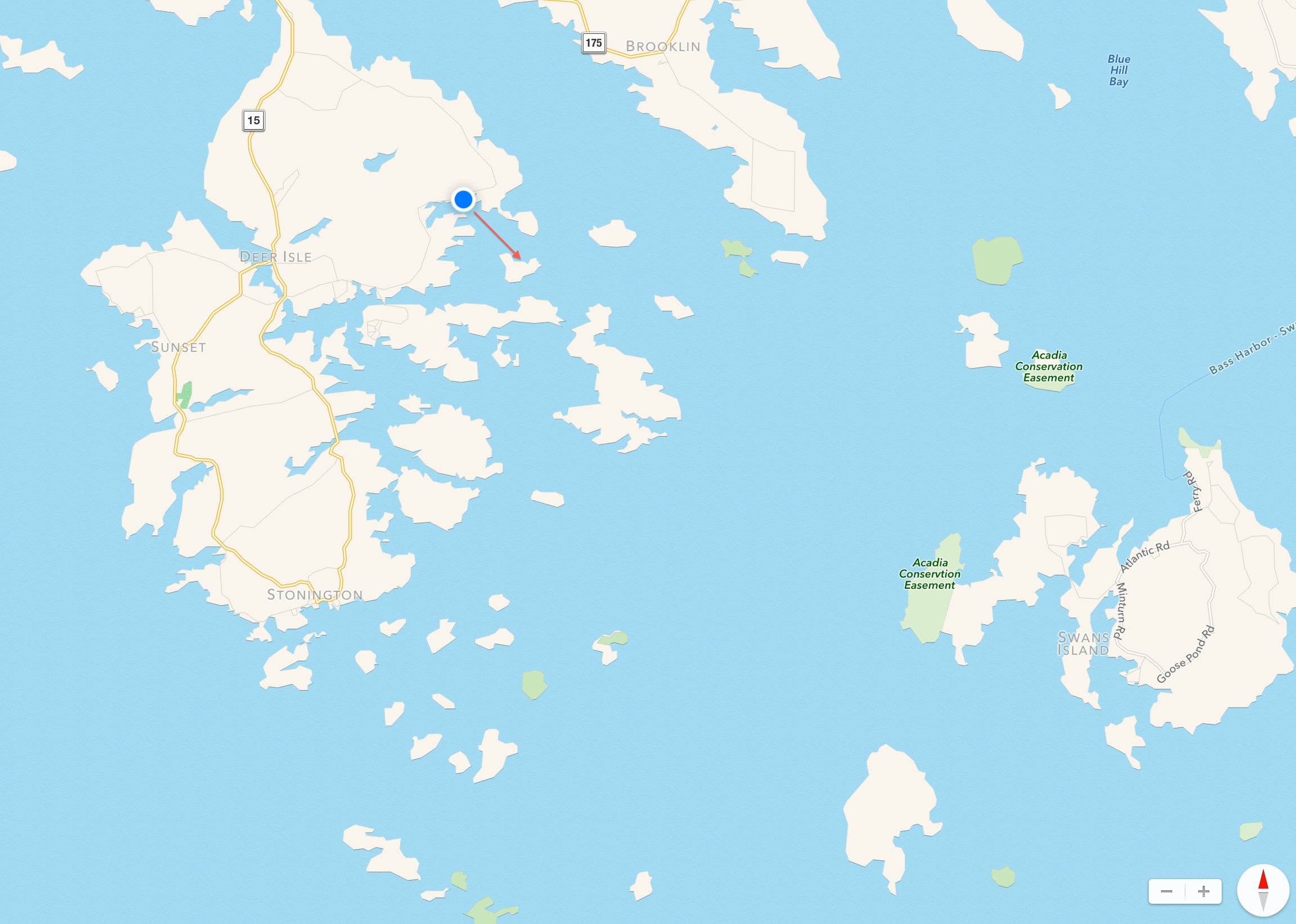 Map showing the view: blue dot looking southeast. Deer Isle, ME. August 25, 2014.