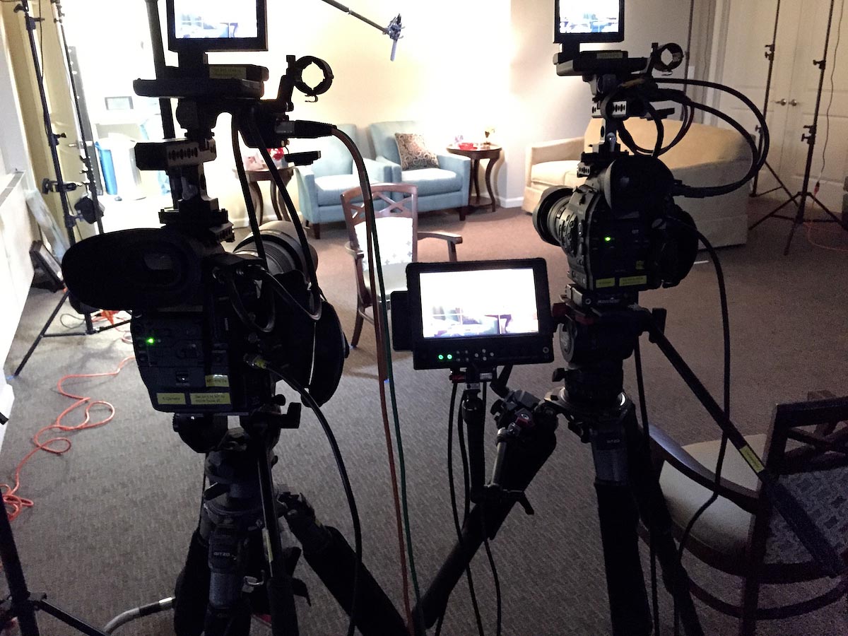 Two Canon C300's on set, both kitted with Wooden Camera C300 Top Plates and NATO Plus Handles. The Sound Op said, "Wow, I love these. So, may tie-in points." New Providence, NJ. October, 2014.