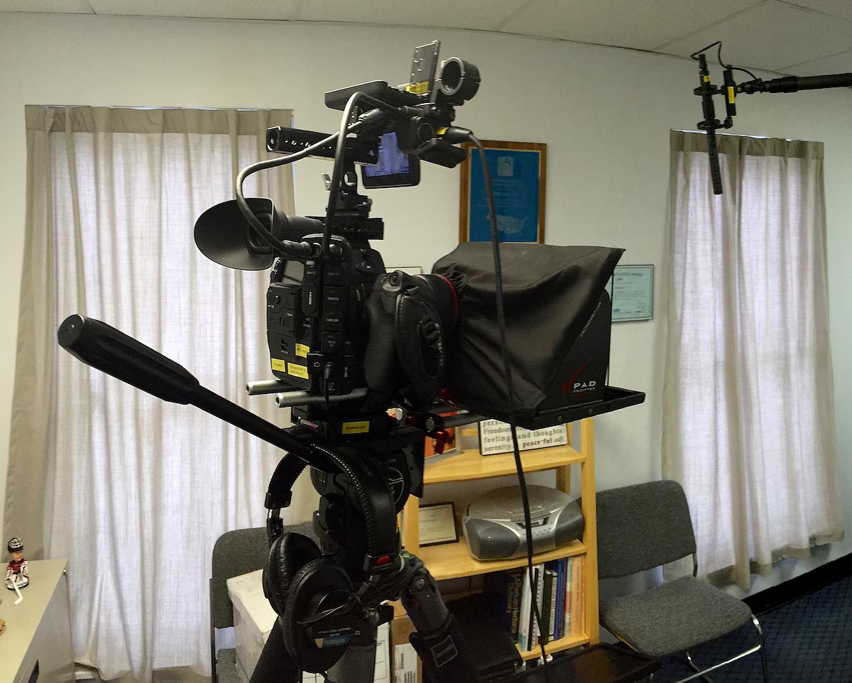 Pad Prompter inaugural run. Canon C300 with a Wooden Camera NATO Plus Handle, Top Plate, and Fixed Base; RRS Rail, and Kessler Kwik Release. Ewing, NJ. January, 2015.
