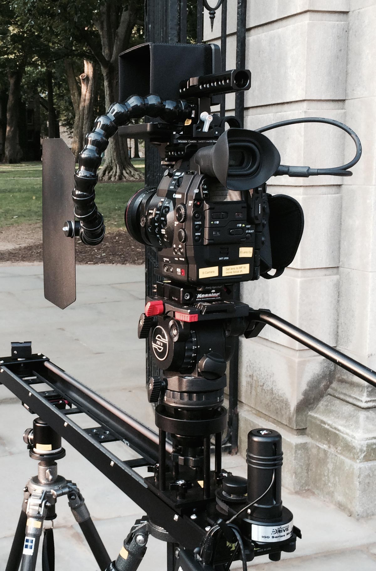 Canon C300 in the field with a Wooden Camera C300 Top Plate, NATO Plus Handle, and with a Dinkum Systems French Flag mounted to the handle's 15mm grip via Zacuto Zud. Princeton, NJ. July, 2014.