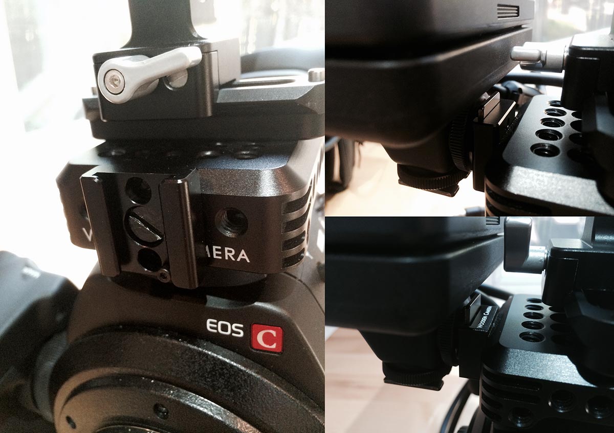 Canon C300 with Wooden Camera Top Plate and NATO Plus Handle. Front vertically mounted cold shoe to mount the C300's monitor as needed. Pictured left & bottom right is a SmallRig cold shoe. Upper right is a Wooden Camera cold shoe. The Wooden Camera cold shoe is beefier mounts better to the top plate due to a heavier duty allen wrench screw. The SmallRig cold shoe is longer providing a better hold for the monitor shoe. Princeton, NJ. August, 2014.