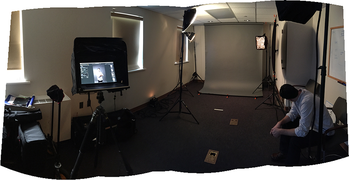 Behind the scenes, lighting setup in a small conference room. Princeton, NJ. December, 2014.
