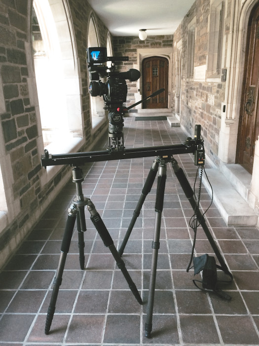3' Kessler Cineslider, Elektra Drive one-axis motor, Canon C300 on a fluid head & high-hat, all with a double tripod support. Princeton, NJ. July, 2014.