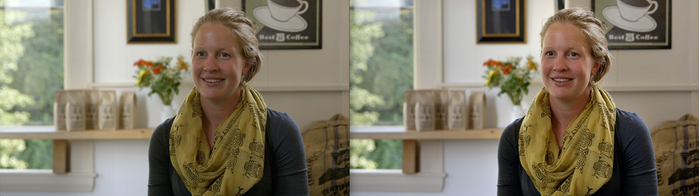 Megan remastered. 44 North Coffee video. Prior version on the left, new version on the right.