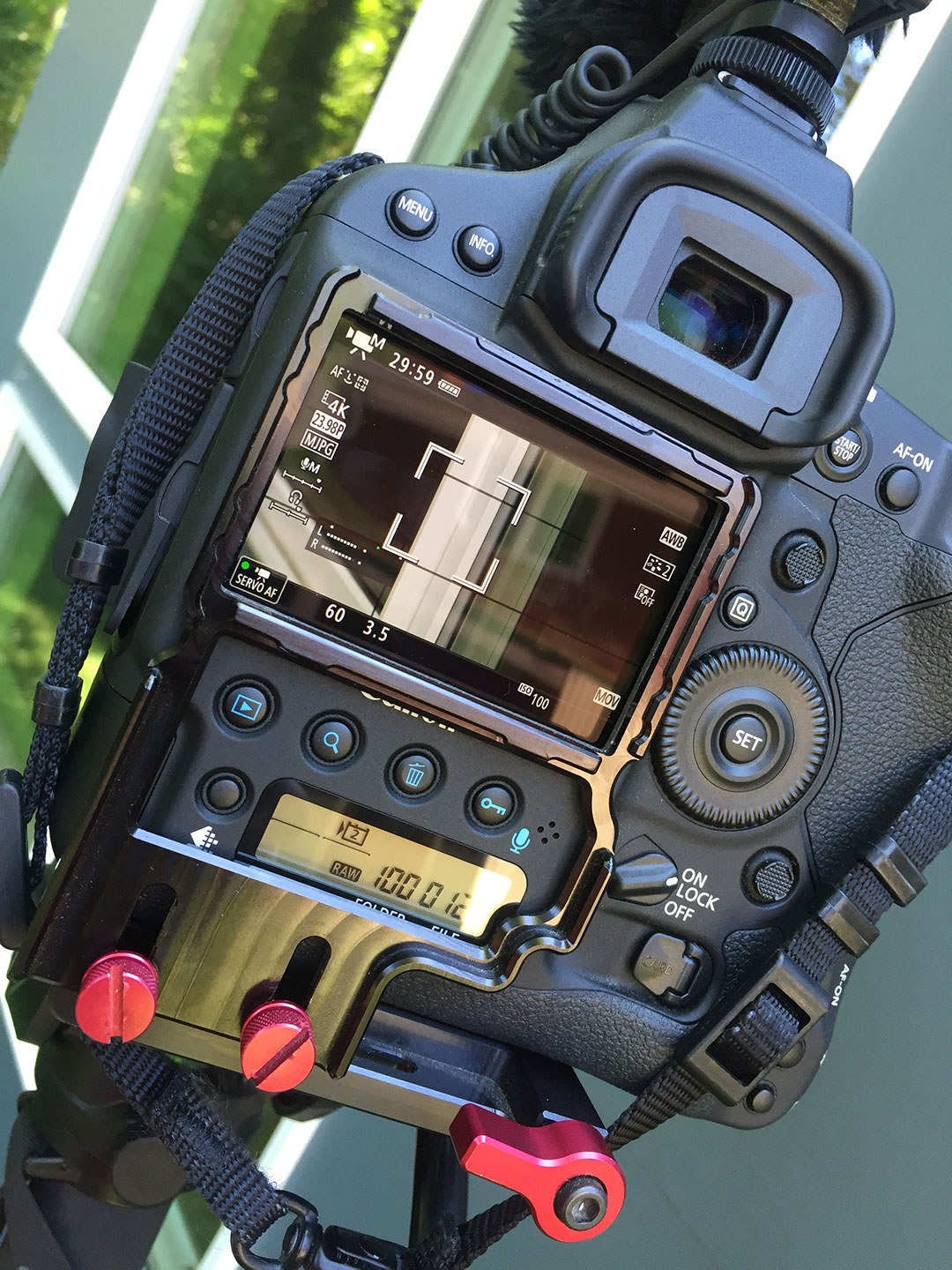 Canon 1DX Mark II rear touch screen when in video mode. Frame is for holding a Zacuto Z-finder.