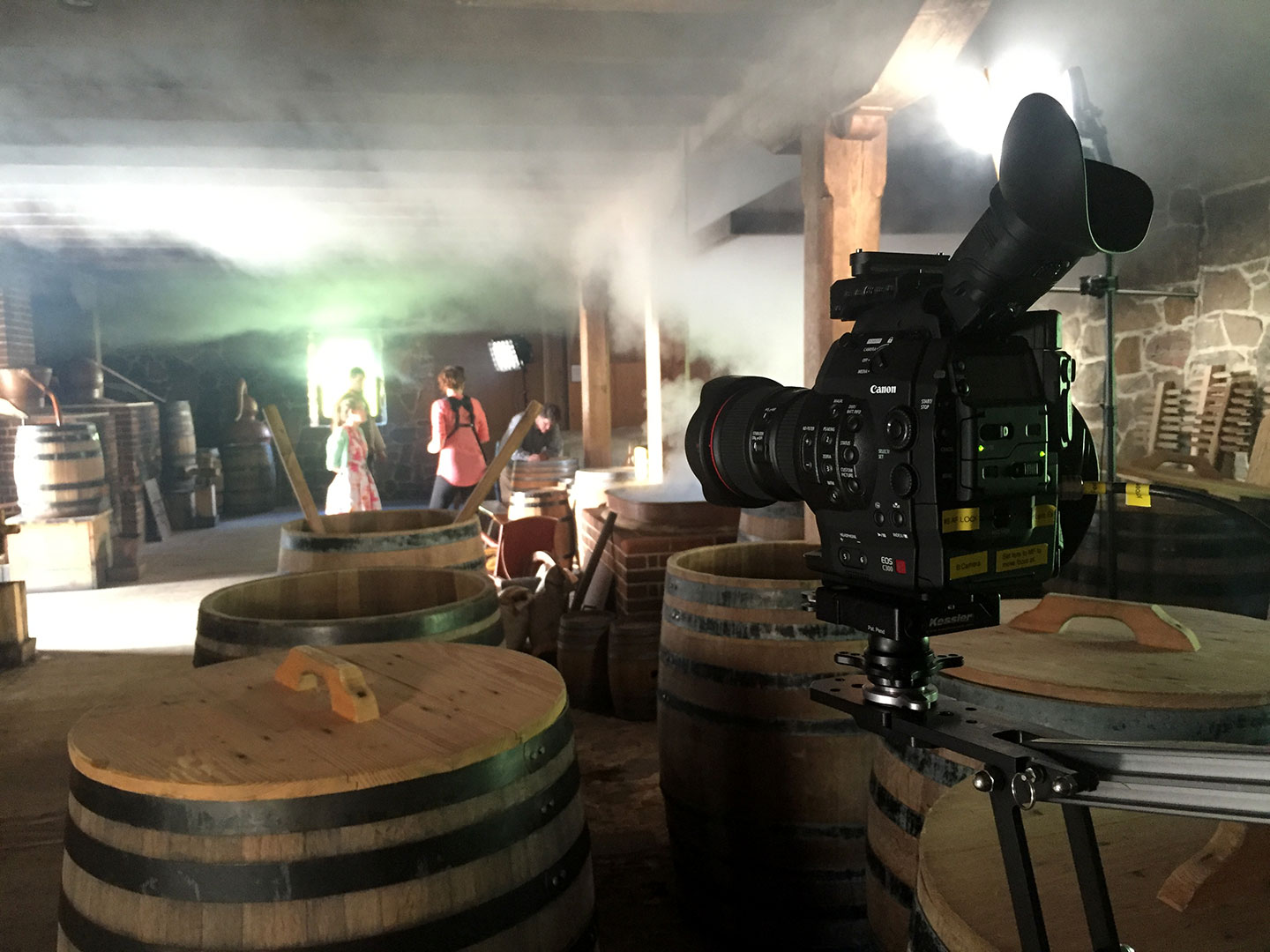 Canon C300 on the Pocket Jib Traveler as we set up in the Mount Vernon Distillery. Mount Vernon, VA. June, 2016.