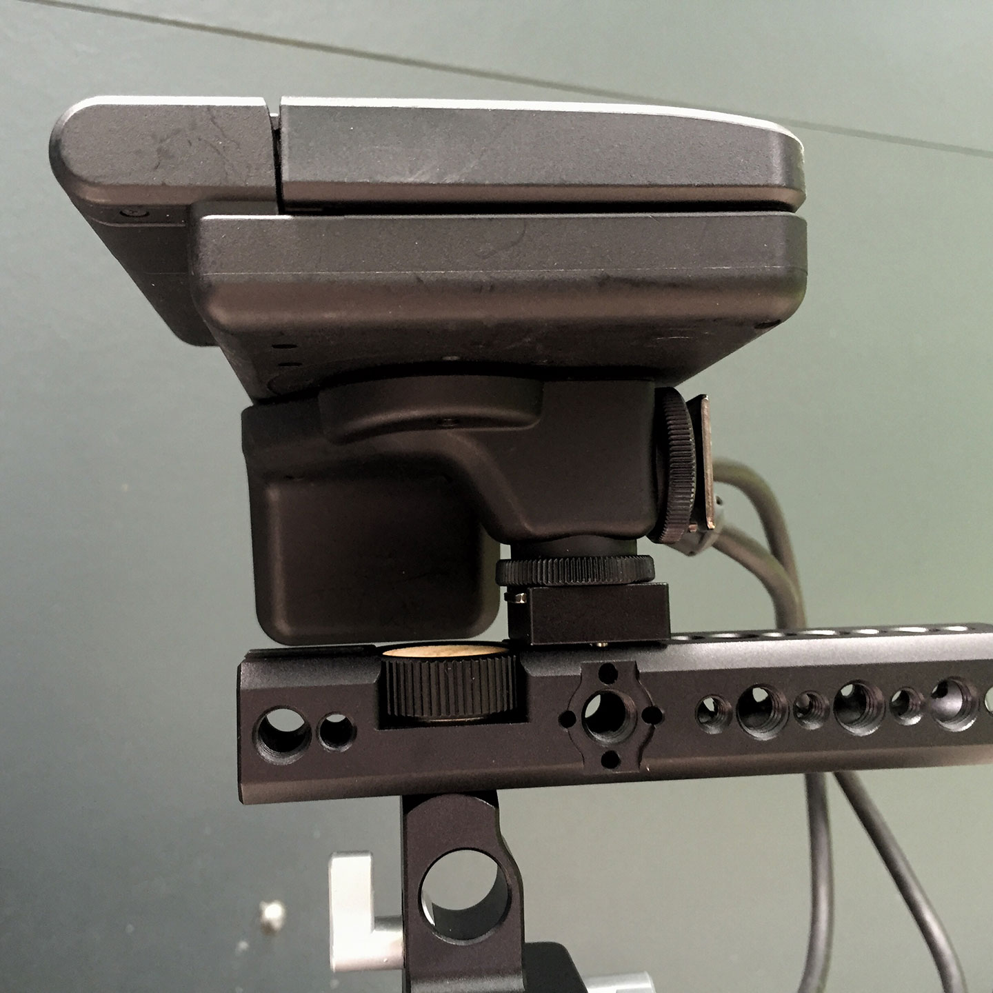The Canon C300's monitor locked and loaded via the Wooden Camera NATO Handle (Plus) and the addition of the Universal Hot Shoe.