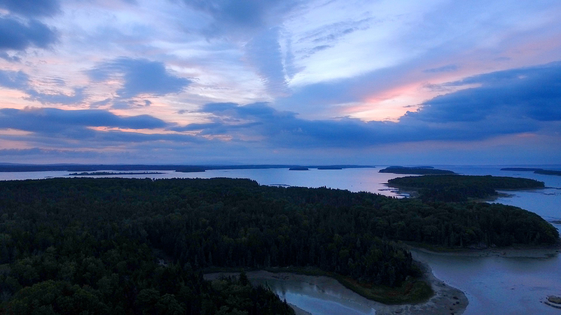 Sunrise over Deer Isle from the Phantom 4. Frame grab from a video clip. Deer Isle, Maine. August, 2016.