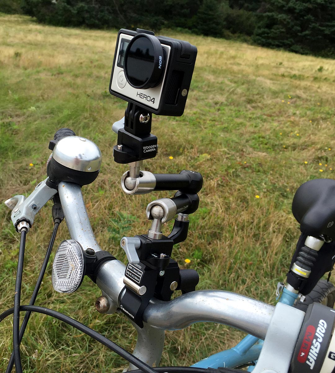 GoPro Hero4 mounted to a bicycle via a Wooden Camera adapter and arm and a Manfrotto Nano clamp. Sunrise, ME. August, 2016.