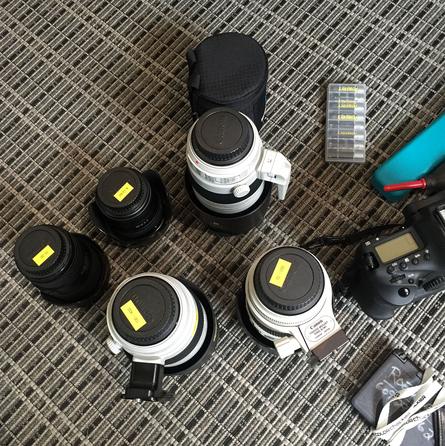 Packing for the Notorious RBG project. Two Canon 100-400 f/4.5-5.6L II lenses, a 70-200 f/2.8L II, 16-35 f/4L, and a 24 f/1.4L II lens. Canon 1DX Mark II and assorted bits. Princeton, NJ. September 20, 2016.