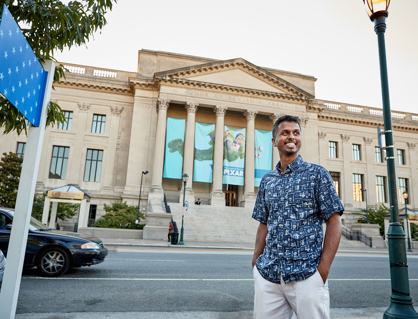 Dale Oommen, The College of New Jersey class of 2017, in front of the Franklin Institute in Philadelphia, PA. August, 2016.